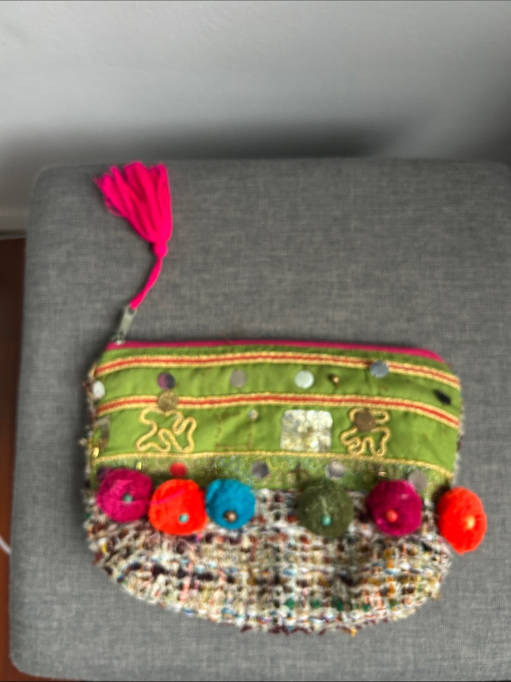 Boho Pom-Pom Quilted Wristlet Clutch - Green & Multicolor